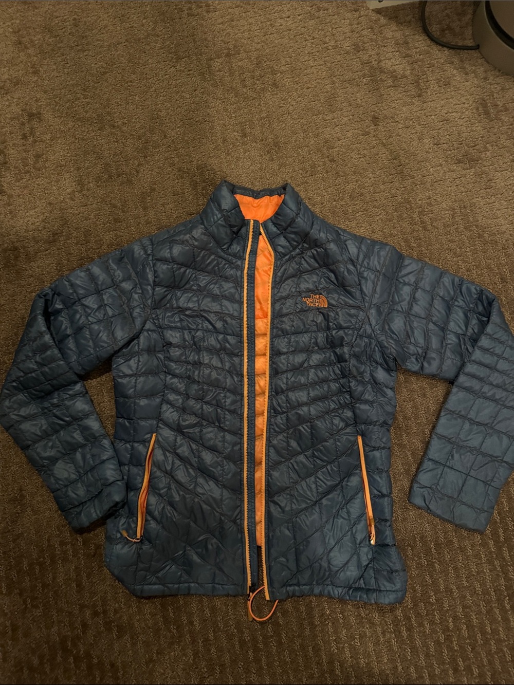 The North Face Kids Navy Blue Puffer Jacket with Orange Trim